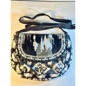 Chico's Black White Ikat Beaded Sequin Cotton Crossbody Bag Boho India 79984